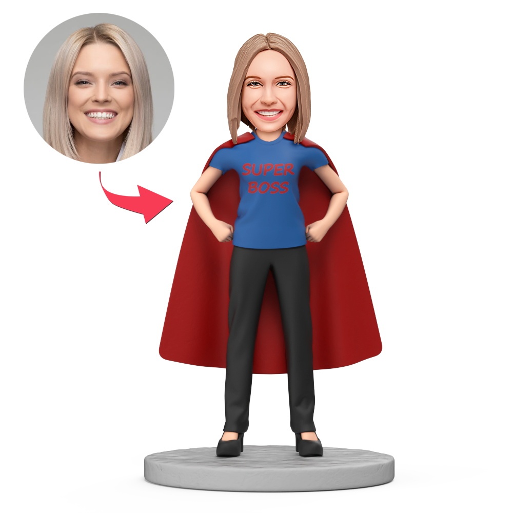 Custom Female Boss in Blue Super Boss Wearing Cape Custom Bobblehead with Engraved Text Gift for Boss's Day - MyFaceBobbleheads