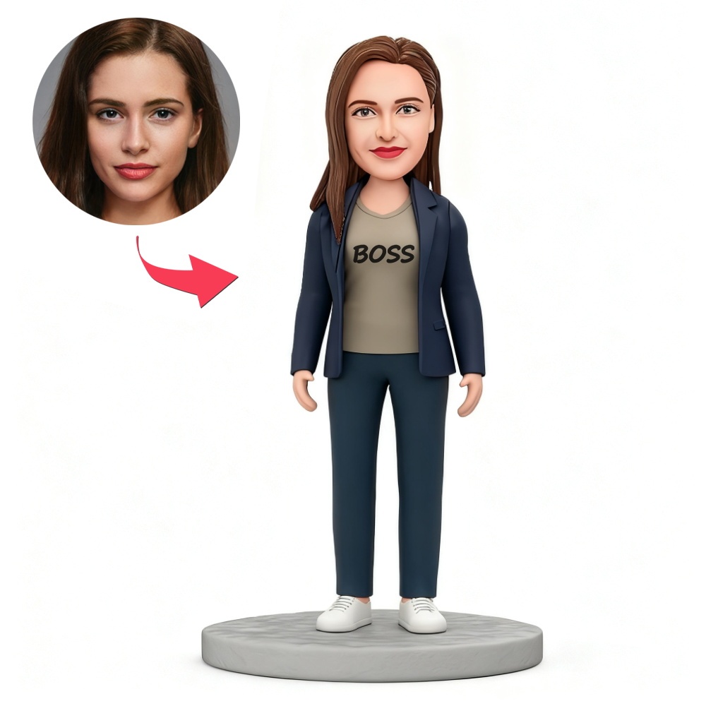 Custom Female Boss in a Suit Wearing a Boss T-shirt Custom Bobblehead with Engraved Text - MyFaceBobbleheads