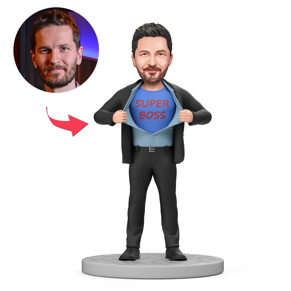 Custom Super Boss Male Boss Wearing Suit Jacket Custom Bobblehead with Engraved Text Gift for Boss's Day - MyFaceBobbleheads