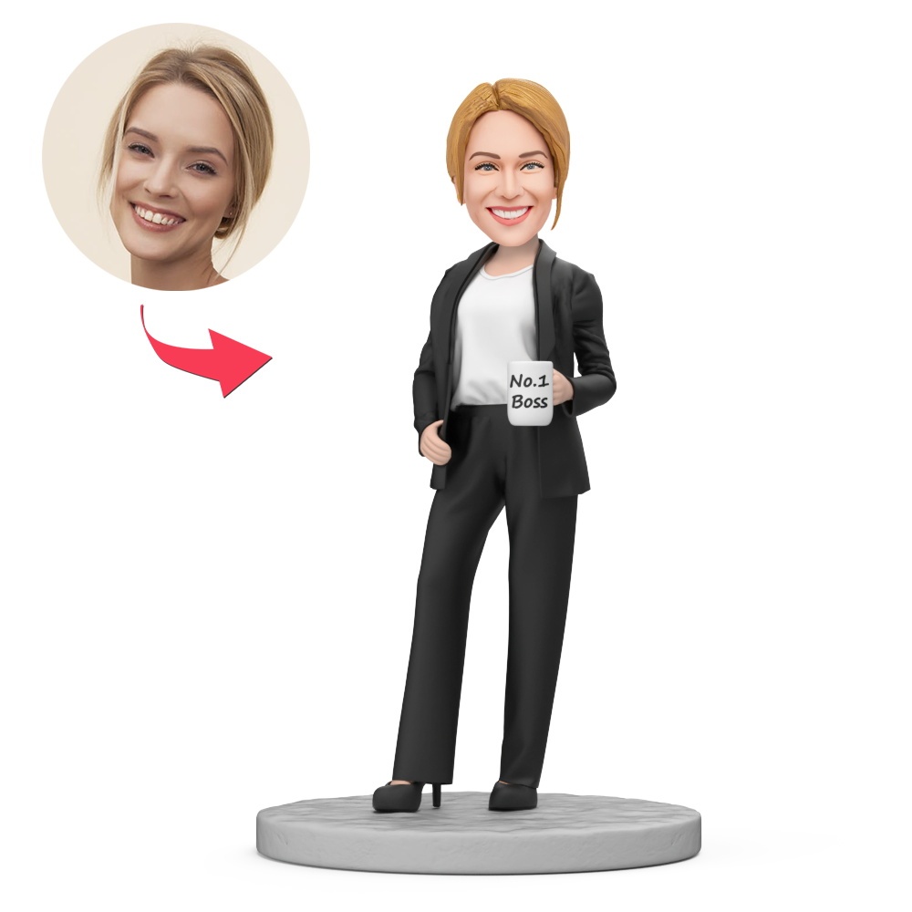 Custom Female Boss in a Suit Holding the No1 Boss Cup Custom Bobblehead with Engraved Text Gift for Boss's Day - MyFaceBobbleheads