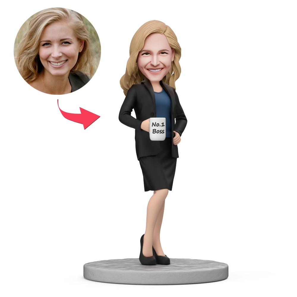 Custom Female Boss in a Skirt and Suit Holding the No1 Cup Custom Bobblehead with Engraved Text Gift for Boss's Day - MyFaceBobbleheads