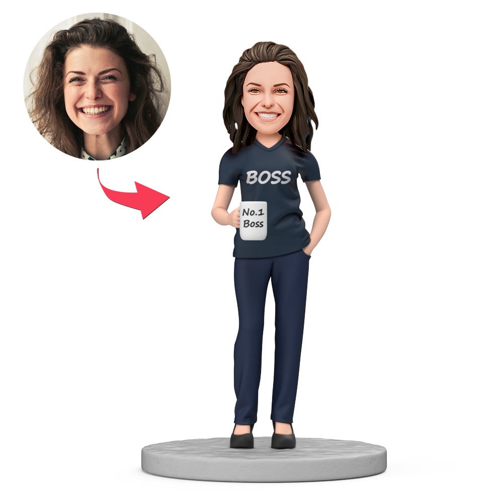 Custom Blue T-shirt Female Boss Holding No1 Cup Custom Bobblehead with Engraved Text Gift for Boss's Day - MyFaceBobbleheads