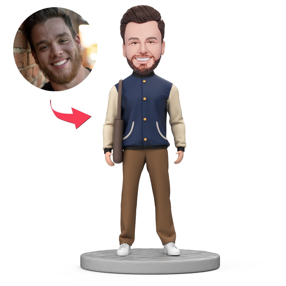 Man in Baseball Jacket and Brown Pants Custom Bobbleheads With Engraved Text Gift - MyFaceBobbleheads