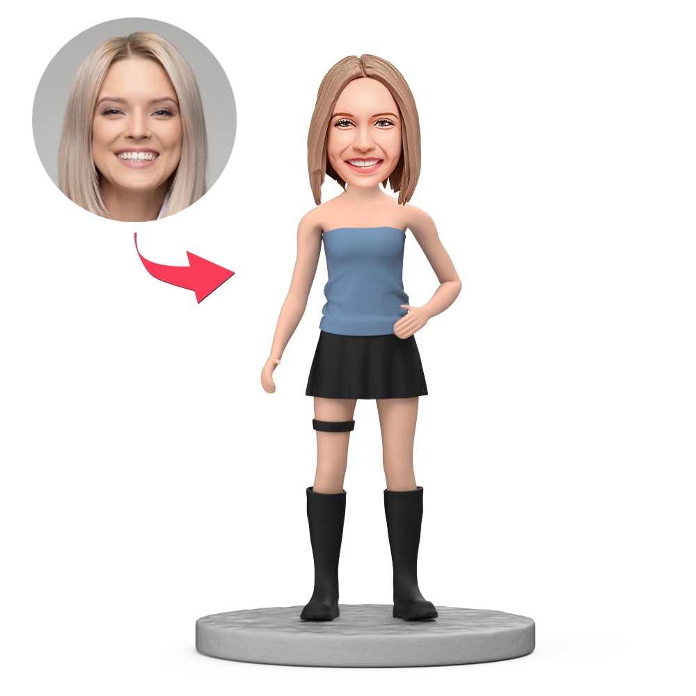 Cool Woman in Blue Sleeveless Top and Shorts Custom Bobbleheads With Engraved Text Gift - MyFaceBobbleheads