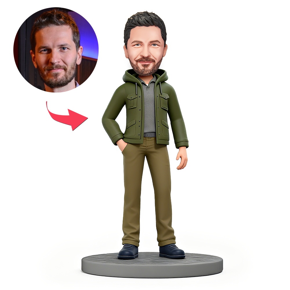 Man in Army Green Work Jacket Custom Bobbleheads With Engraved Text Gift for Dad - MyFaceBobbleheads
