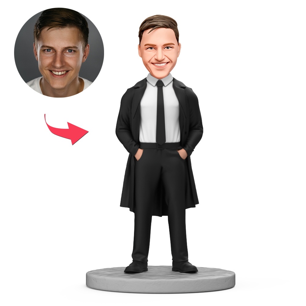 Charming Man in Long Black Suit Custom Bobbleheads With Engraved Text Gift - MyFaceBobbleheads
