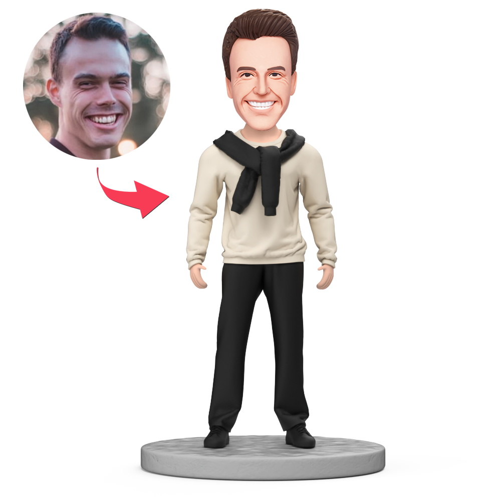 Man in White Casual Sweater Custom Bobbleheads With Engraved Text Gift