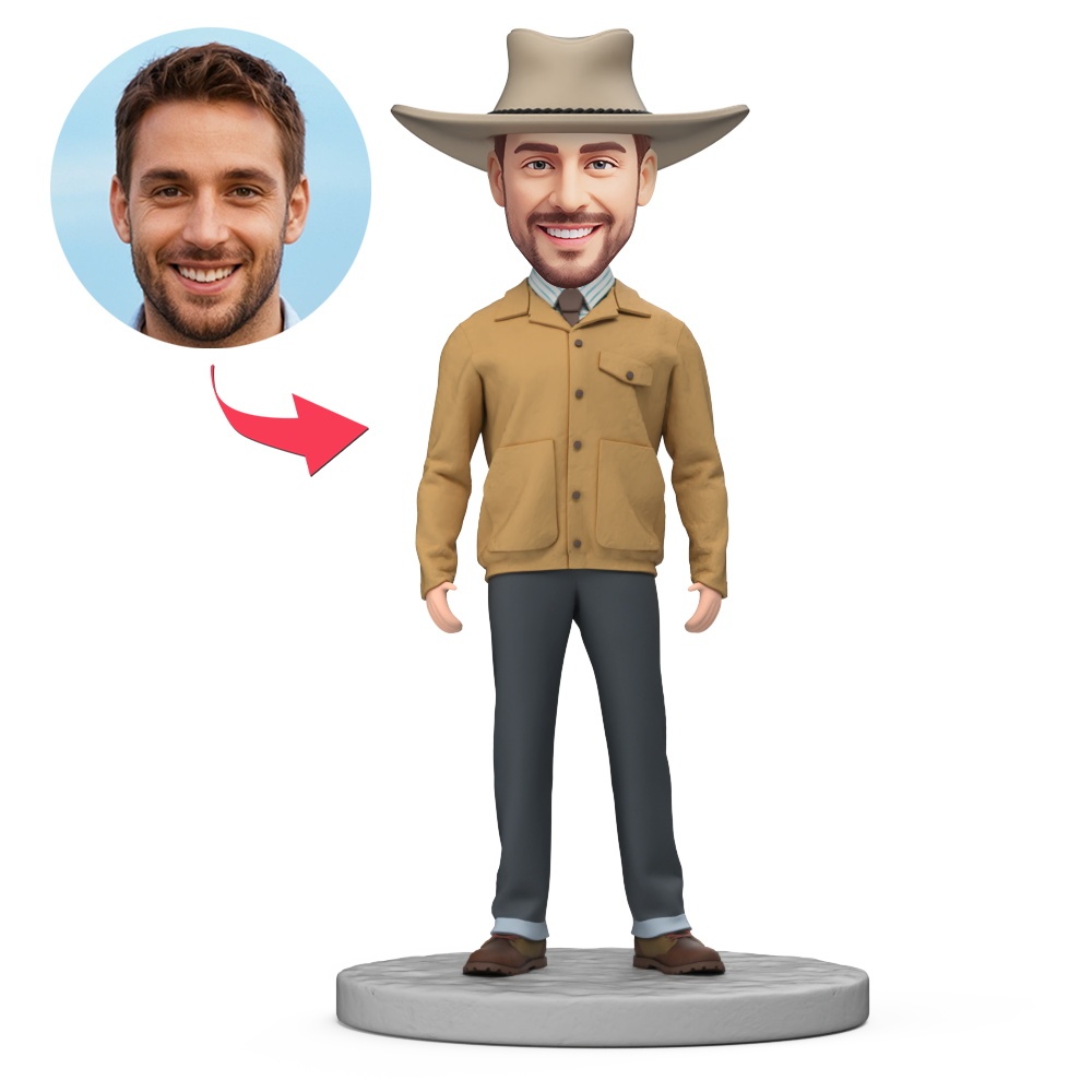 Man in a Yellow Jacket and Hat Custom Bobbleheads With Engraved Text Gift - MyFaceBobbleheads