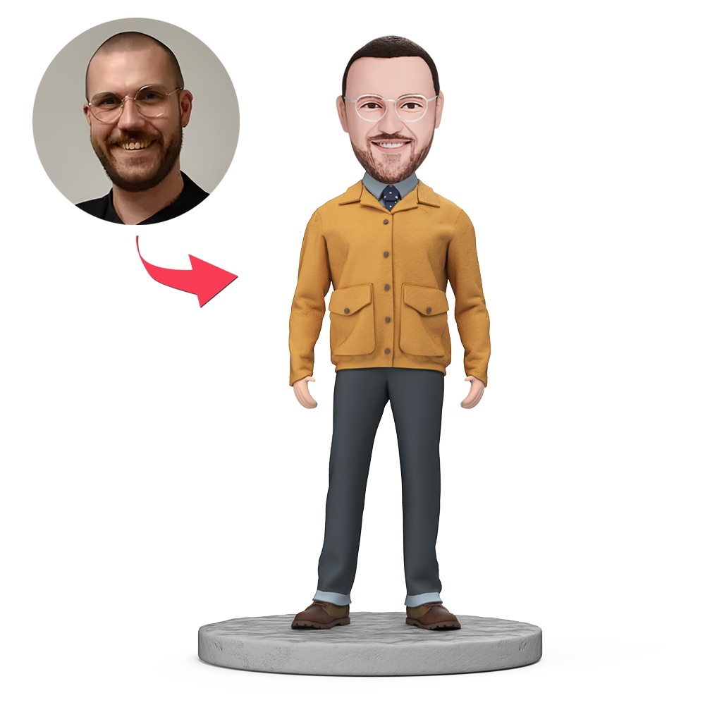Man in Ginger Jacket and Jeans Custom Bobbleheads With Engraved Text Gift - MyFaceBobbleheads