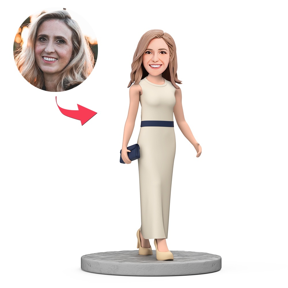 Elegant Woman in White Dress Holding Bag Custom Bobbleheads With Engraved Text Gift - MyFaceBobbleheads
