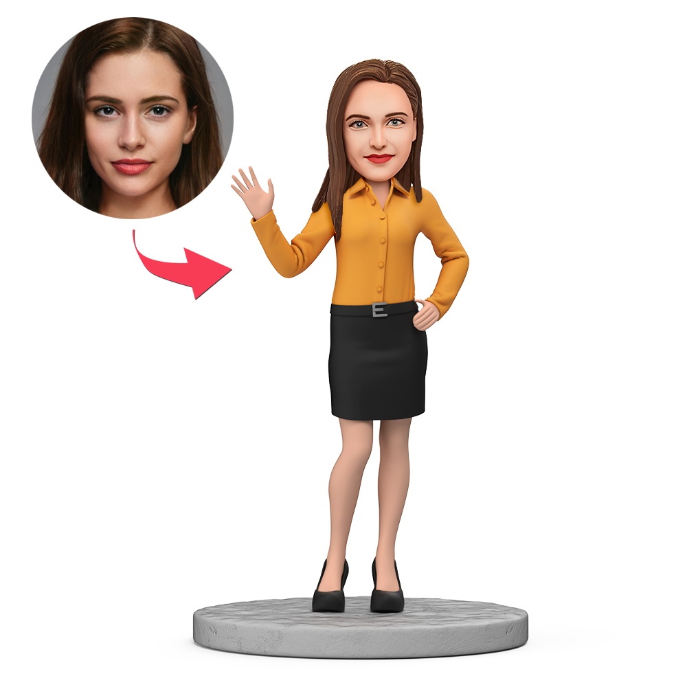 Woman in Ginger Top and Black Skirt Custom Bobbleheads With Engraved Text Gift - MyFaceBobbleheads