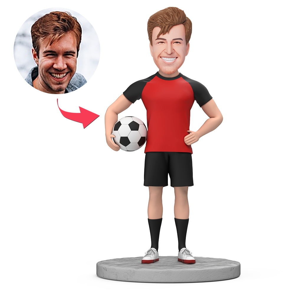 Male Football Player in Red Raglan Shirt Holding a Football Custom Bobbleheads With Engraved Text Gift - MyFaceBobbleheads