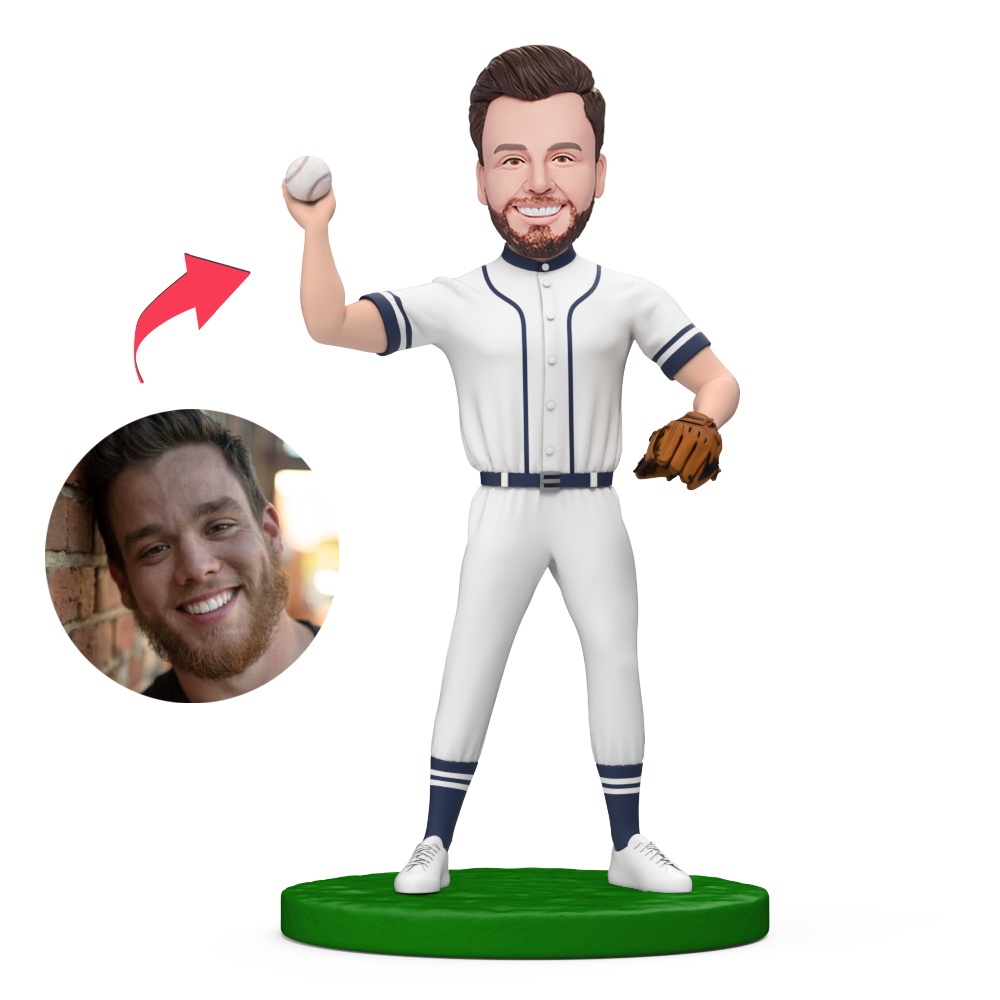 Male Baseball Player in White Suit Custom Bobbleheads With Engraved Text Gift - MyFaceBobbleheads
