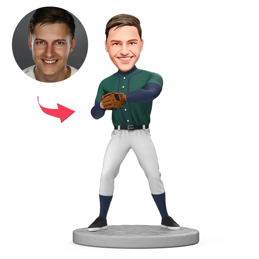 Male Baseball Player Wearing a Green Shirt and White Pants Custom Bobbleheads With Engraved Text Gift - MyFaceBobbleheads