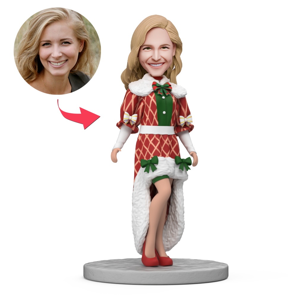 Woman Wearing Christmas Style Dress and Red High Heels Custom Bobbleheads With Engraved Text Gift - MyFaceBobbleheads