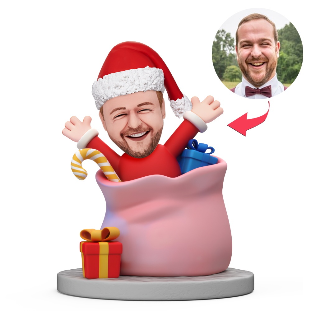 Santa Claus Hiding in a Gift Bag Custom Bobbleheads With Engraved Text Gift for Christmas - MyFaceBobbleheads