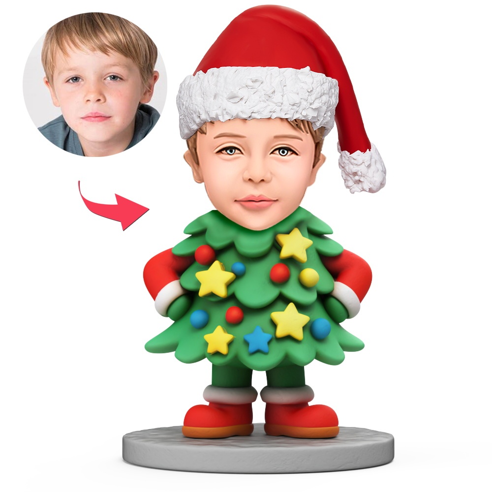 Christmas Tree Body with Santa Hat for Kids Custom Bobbleheads With Engraved Text Gift - MyFaceBobbleheads