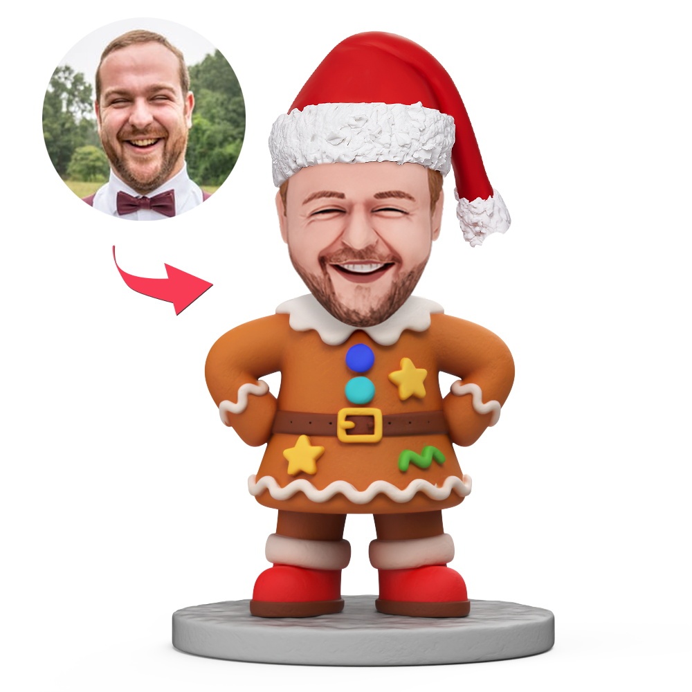 Gingerbread Man Costume with Santa Hat Custom Bobbleheads With Engraved Text Gift for Christmas - MyFaceBobbleheads
