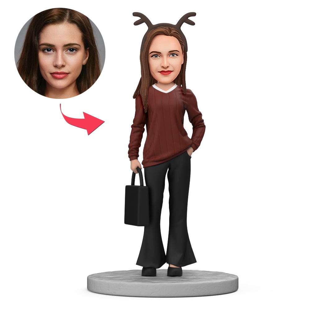 Woman in Brown Top with Deer Antler Headdress Carrying Bag Custom Bobbleheads With Engraved Text Gift for Christmas - MyFaceBobbleheads