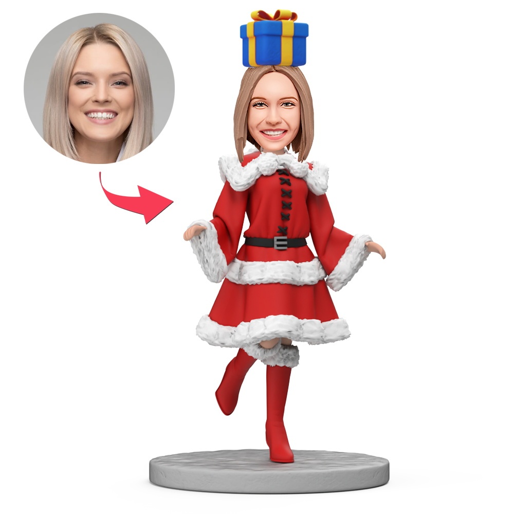 Woman in Gorgeous Christmas Dress with Gift Box on Head Custom Bobbleheads With Engraved Text Gift for Christmas - MyFaceBobbleheads