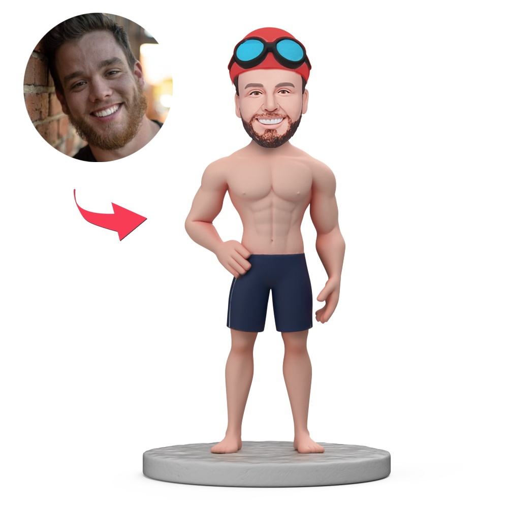 Custom Man Wearing Swimming Cap and Black Swimming Trunks Custom Bobbleheads With Engraved Text Gift - MyFaceBobbleheads
