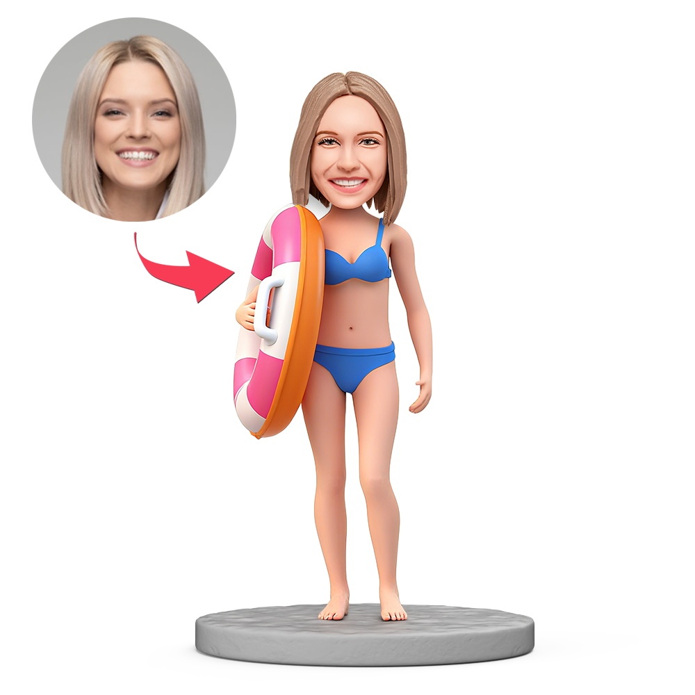Custom Woman in Bikini and Carrying a Swimming Ring Custom Bobbleheads With Engraved Text Gift - MyFaceBobbleheads