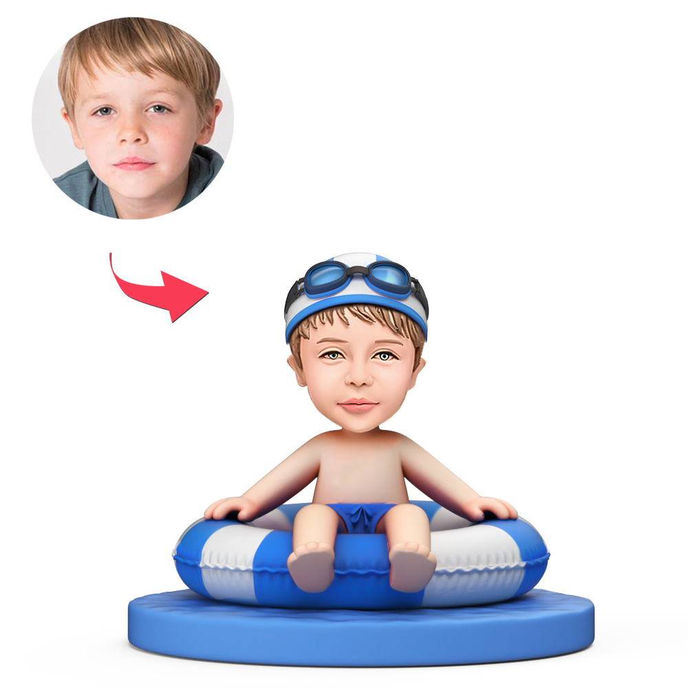 Custom Child Wearing Swimming Cap Sitting in Swimming Ring Custom Bobbleheads With Engraved Text Gift - MyFaceBobbleheads