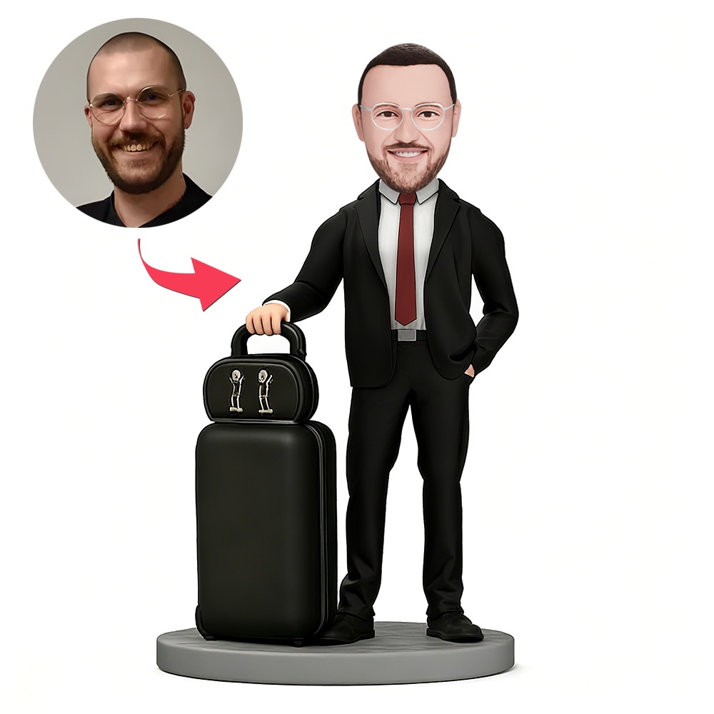 Custom Businessman Pulling a Suitcase Custom Bobbleheads With Engraved Text Gift - MyFaceBobbleheads