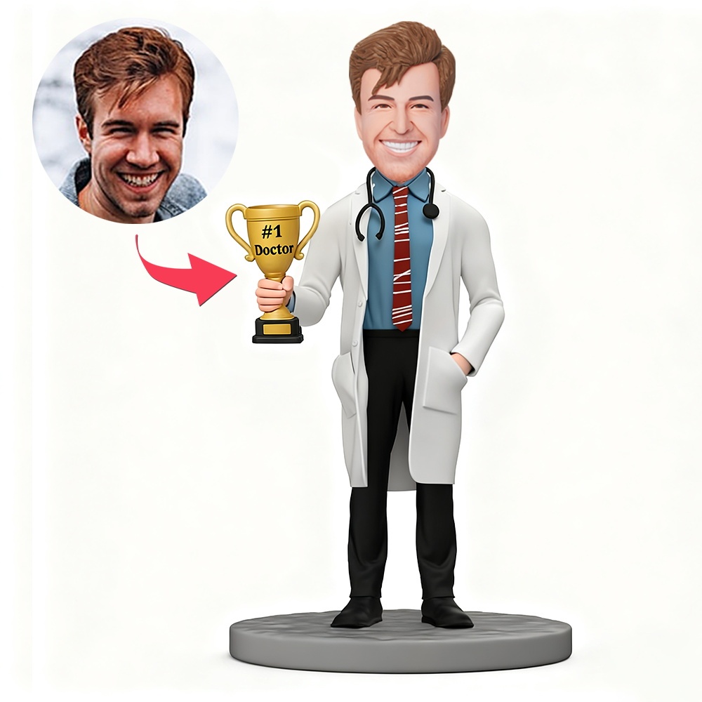 Custom Doctor Holding the No1 Trophy Custom Bobbleheads With Engraved Text Gift - MyFaceBobbleheads