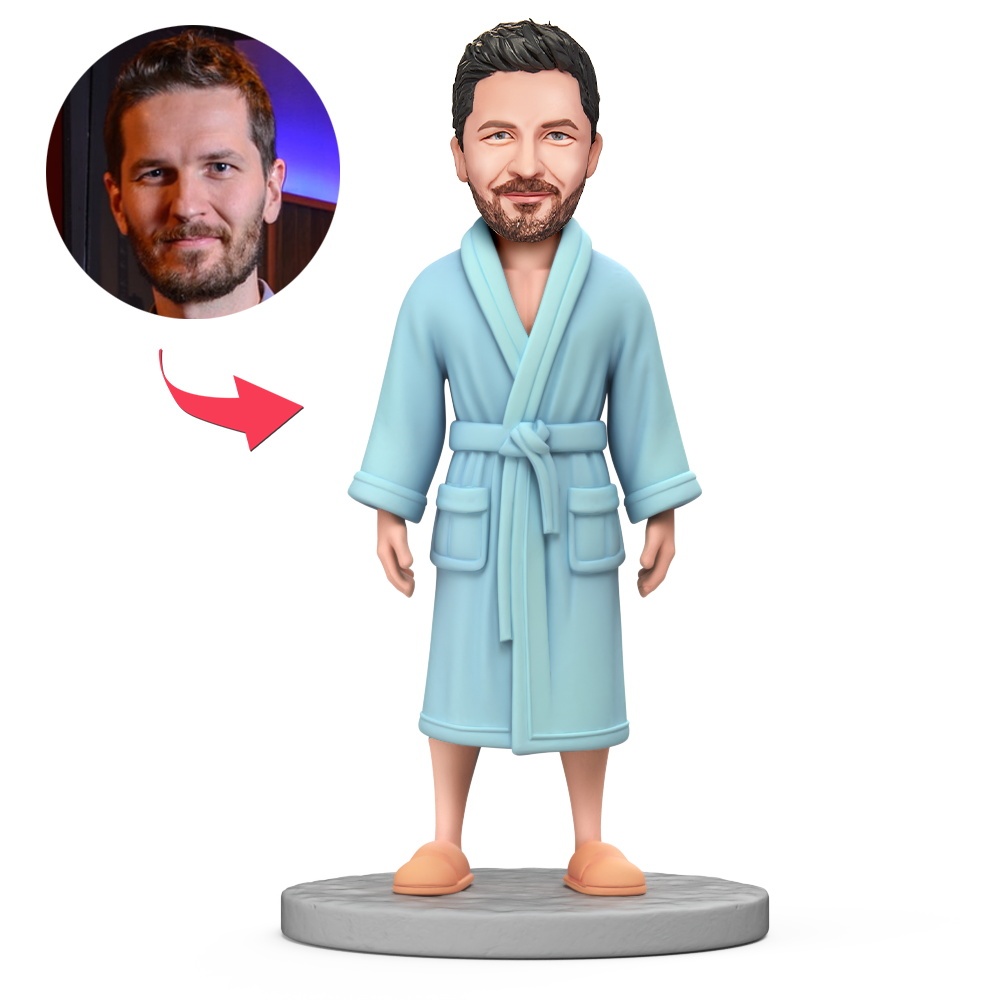 Custom Man in Light Blue Bathrobe Custom Bobbleheads With Engraved Text Gift - MyFaceBobbleheads