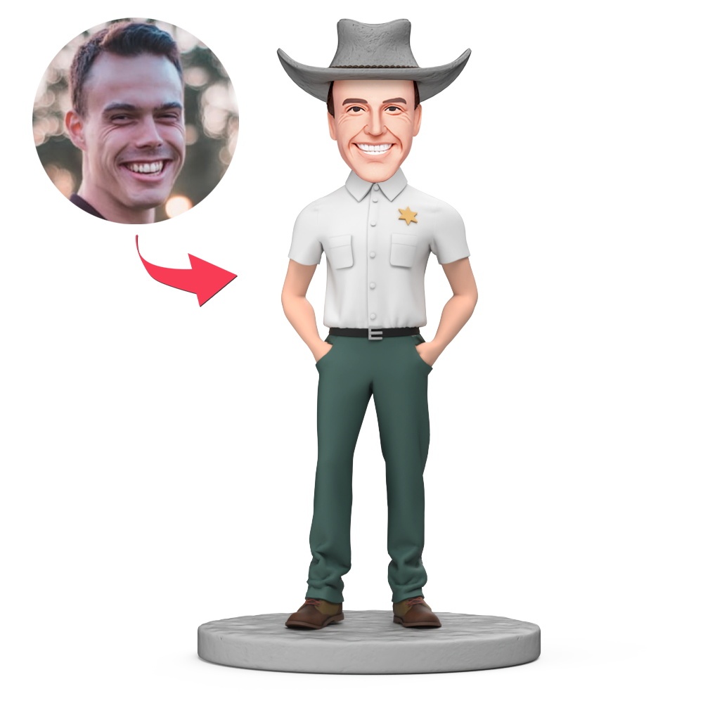 Custom Man in Police Uniform with Cowboy Hat Custom Bobbleheads With Engraved Text Gift - MyFaceBobbleheads