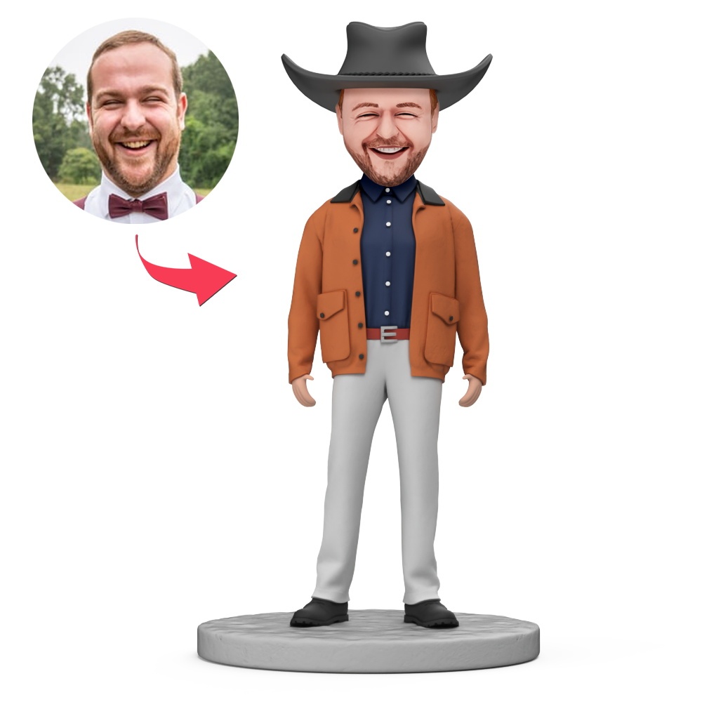 Custom Man in Orange-red Jacket and Cowboy Hat Custom Bobbleheads With Engraved Text Gift - MyFaceBobbleheads