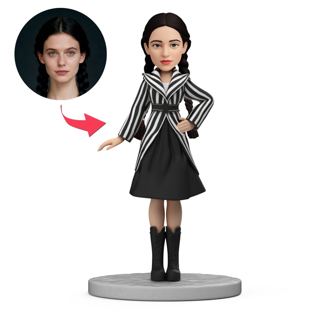 Custom Woman in Black and White Striped Suit Custom Bobbleheads With Engraved Text Gift - MyFaceBobbleheads