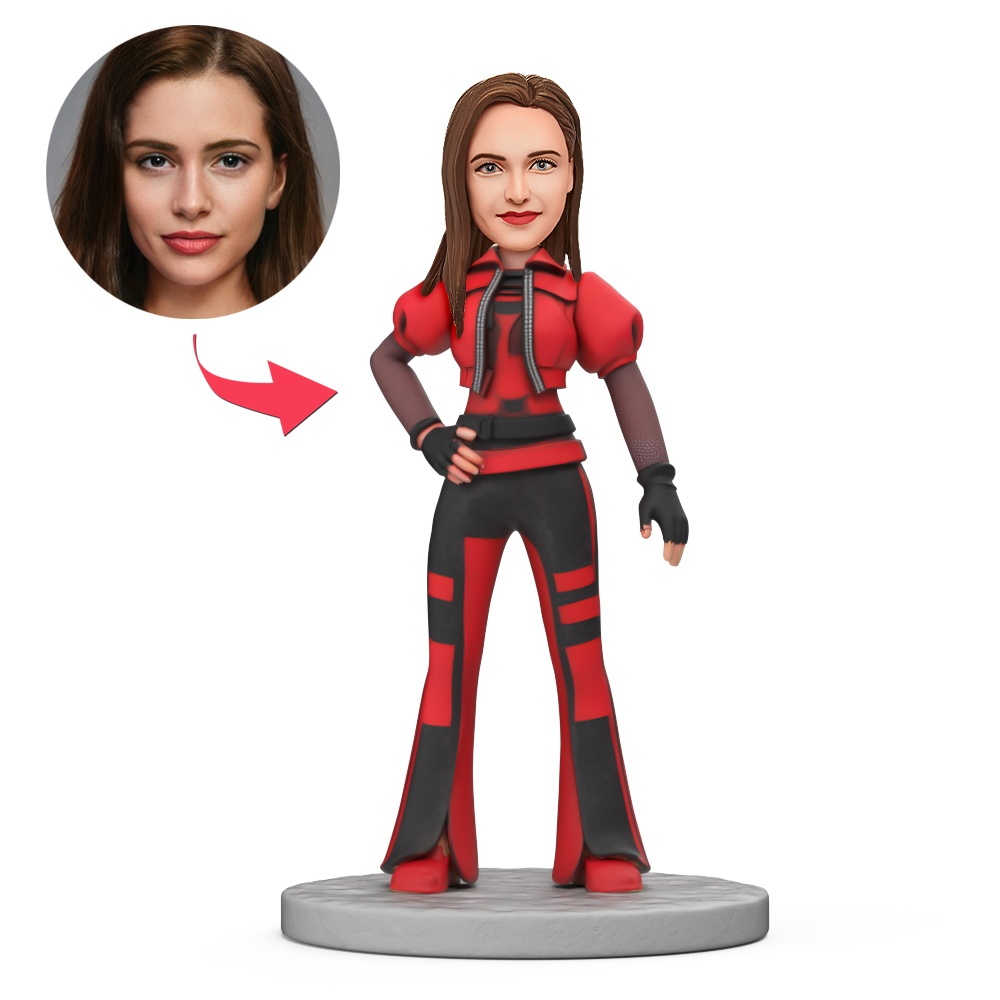 Custom Woman in Red Trendy Suit Custom Bobbleheads With Engraved Text Gift - MyFaceBobbleheads