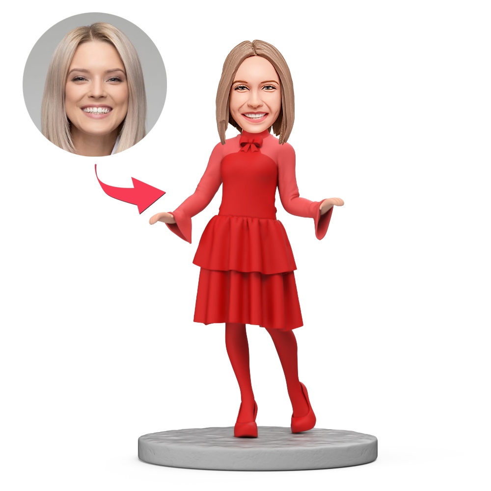 Custom Woman in Red Dress and Boots Custom Bobbleheads With Engraved Text Gift - MyFaceBobbleheads