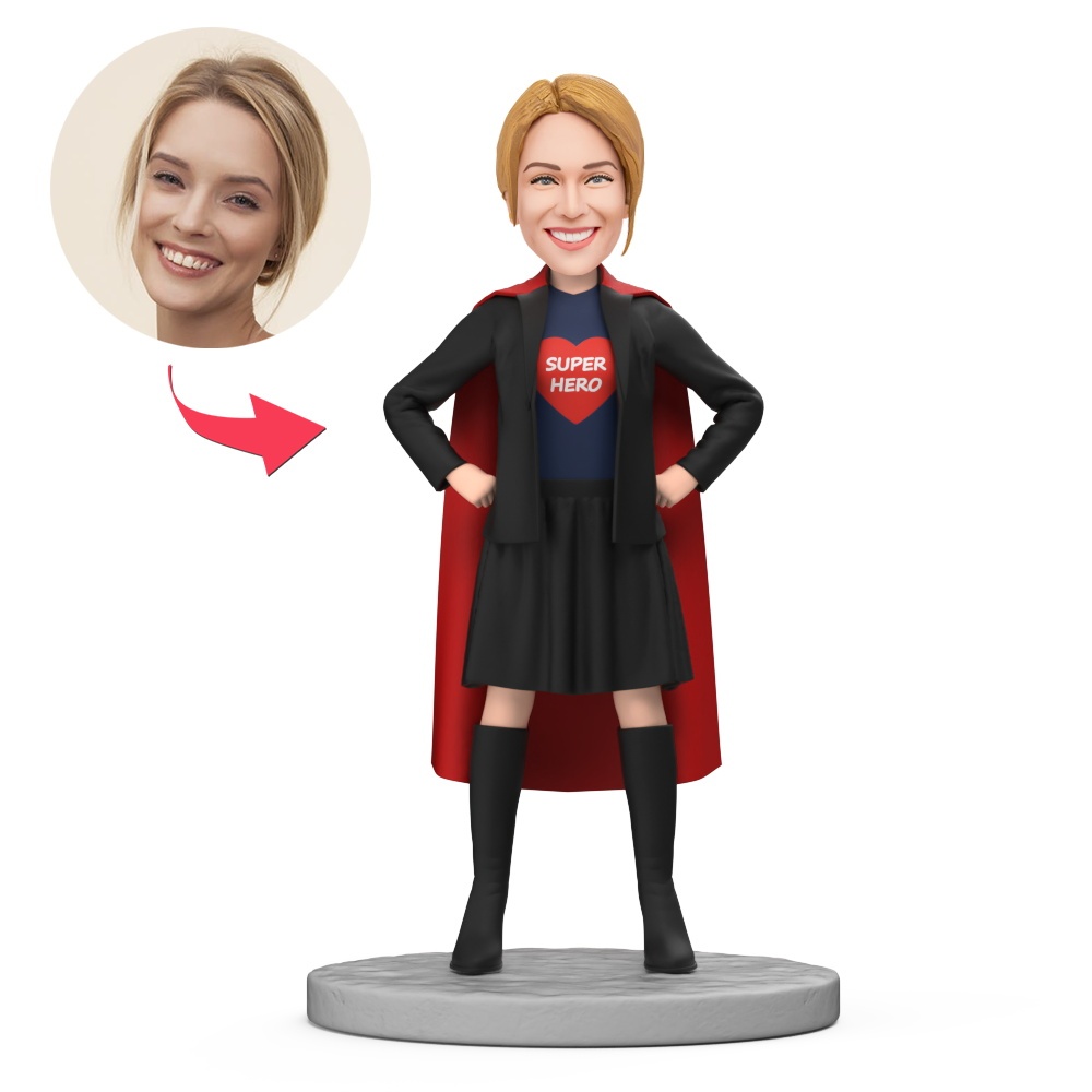 Custom Female Super Hero Wearing Black Suit and Red Cape Custom Bobblehead with Engraved Text - MyFaceBobbleheads