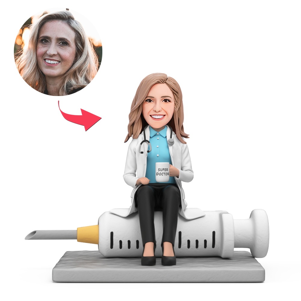 Custom Female Doctor Sitting on Syringe Model Custom Bobblehead With Engraved Text Gift - MyFaceBobbleheads