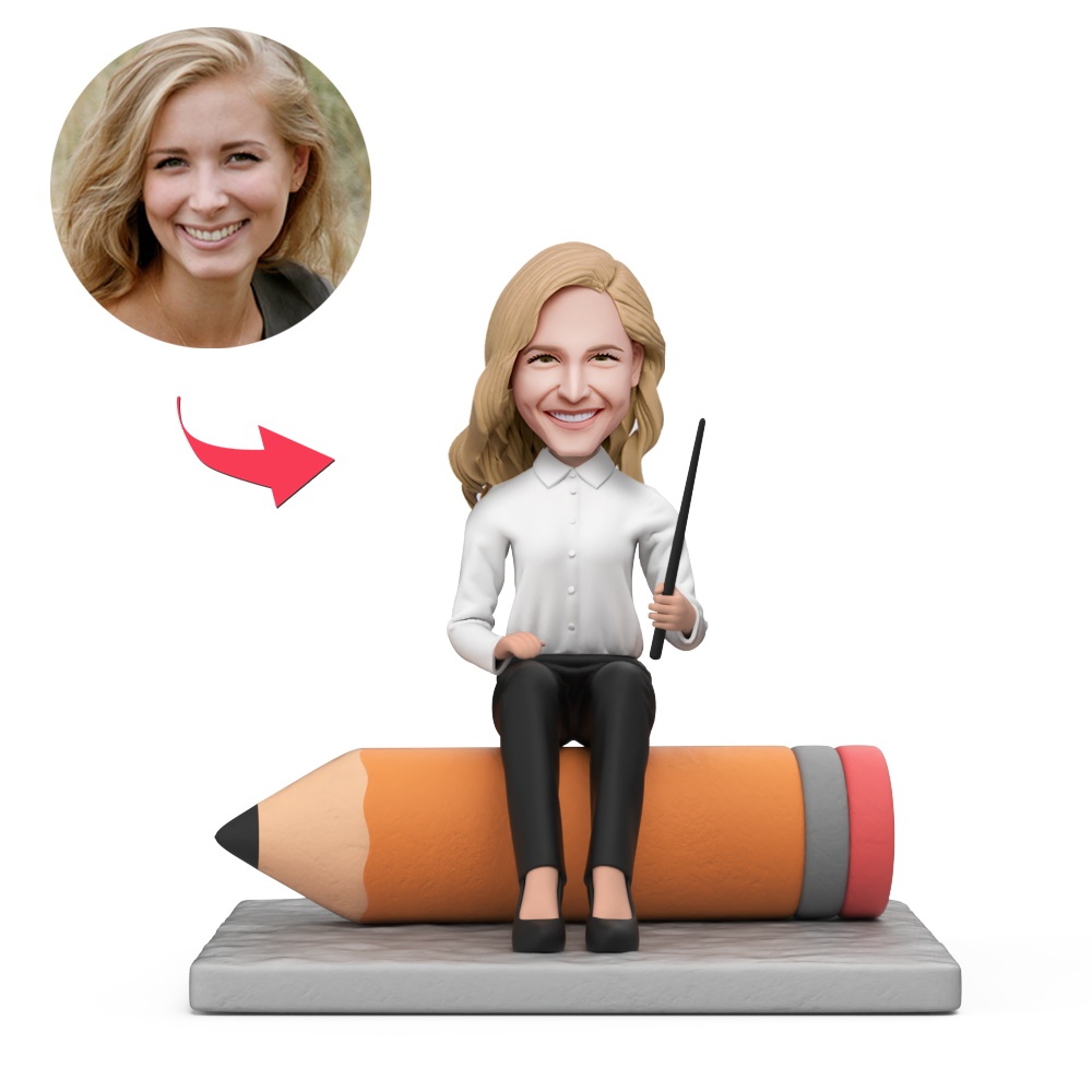 Custom Female Teacher Sitting on Pencil Model Custom Bobblehead With Engraved Text Gift - MyFaceBobbleheads