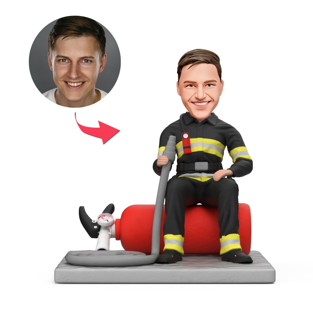 Custom Male Fireman Sitting on Fire Extinguisher Custom Bobblehead With Engraved Text Gift - MyFaceBobbleheads