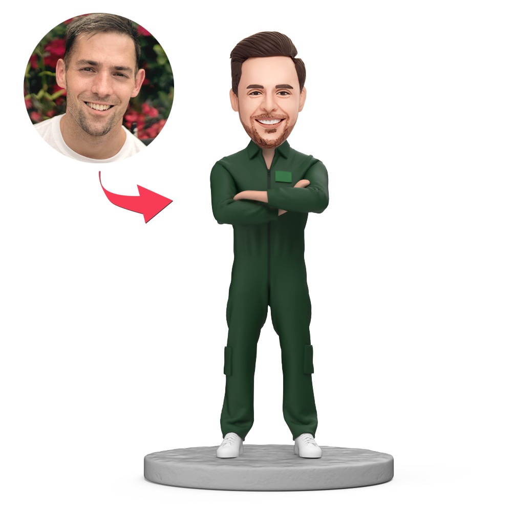 Custom Male Worker Wearing Green Work Uniform Custom Bobblehead With Engraved Text Gift - MyFaceBobbleheads