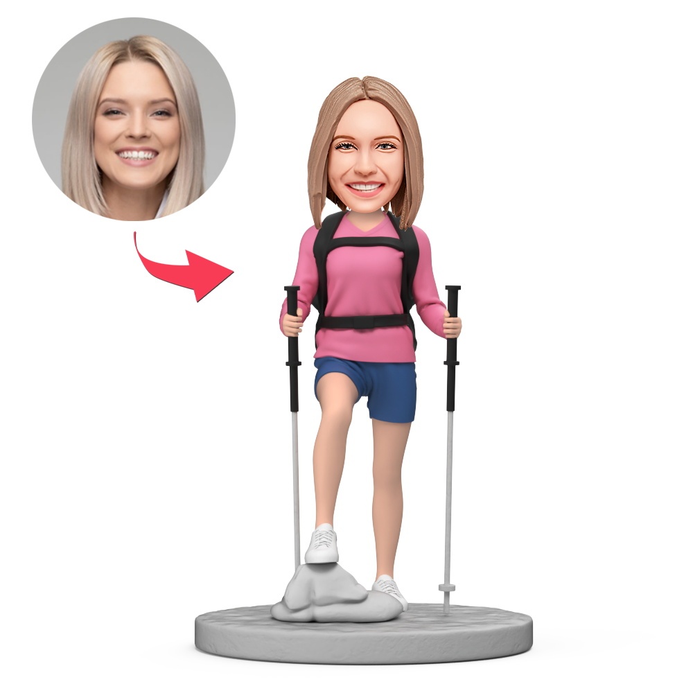 Custom Female Hiker Wearing Pink Top and Blue Shorts Holding Hiking Stick Custom Bobblehead With Engraved Text Gift - MyFaceBobbleheads