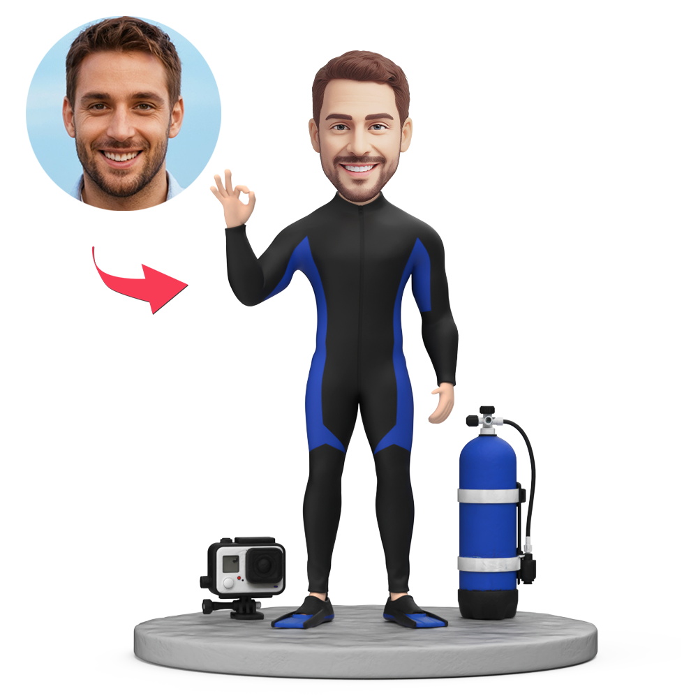 Custom Male Diver in Blue and Black Diving Suit Custom Bobblehead With Engraved Text Gift