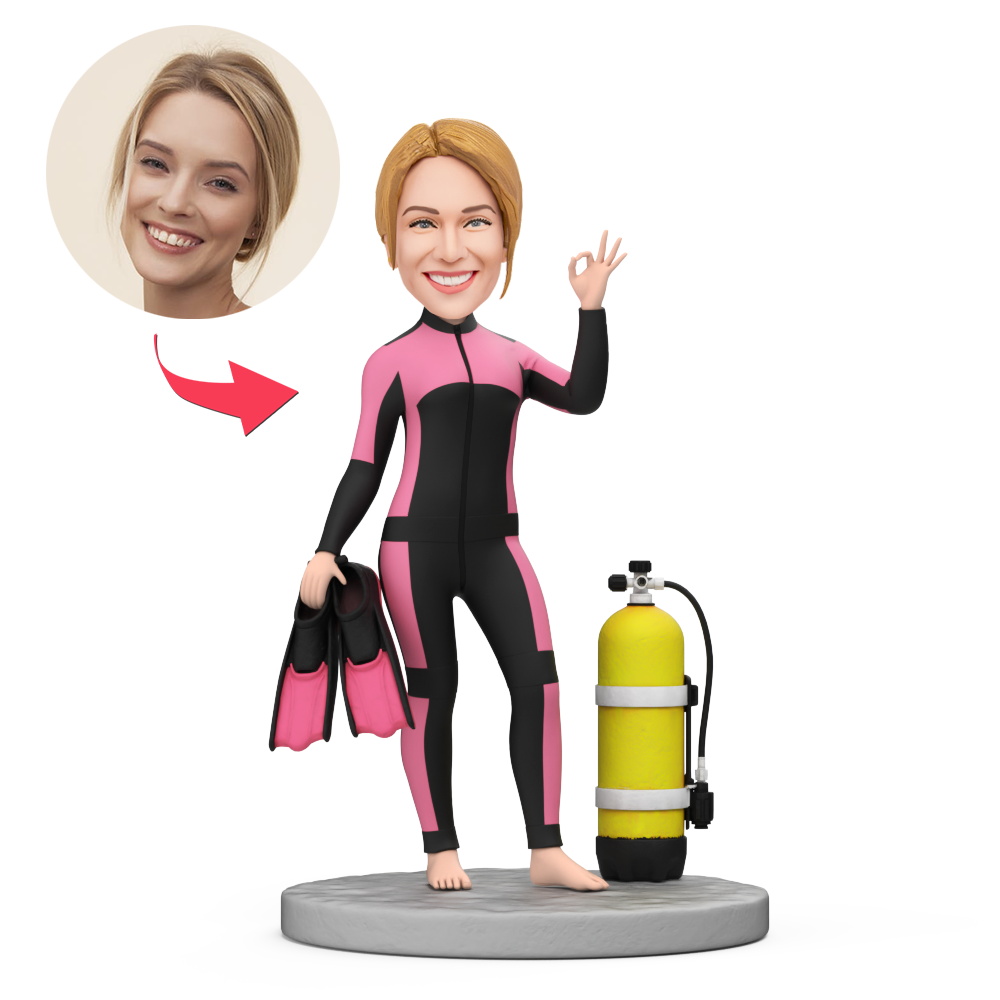Custom Female Diver in Pink and Black Diving Suit Custom Bobblehead With Engraved Text Gift