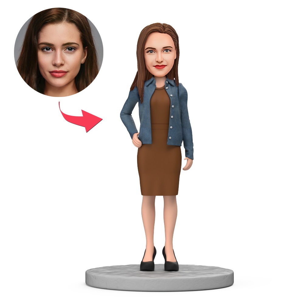 Custom Charming Woman in Brown Fitted Dress and Denim Jacket Custom Bobblehead With Engraved Text Gift - MyFaceBobbleheads