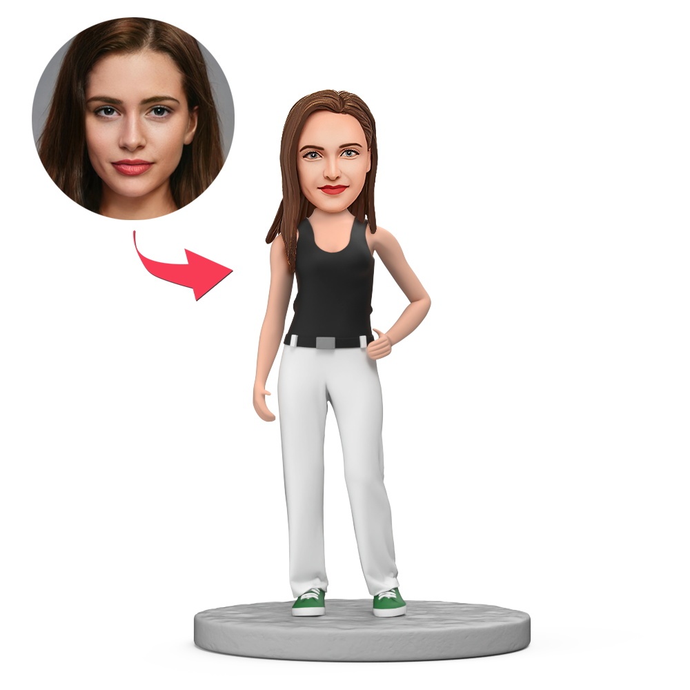 Custom Charming Woman in Black Tank Top and White Trousers Custom Bobblehead With Engraved Text Gift - MyFaceBobbleheads