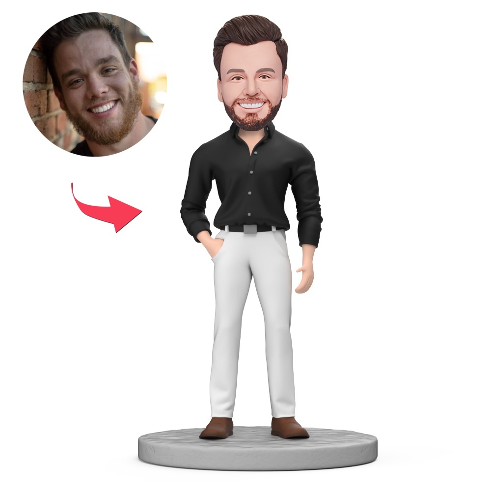 Custom Man in Black Shirt and White Trousers Custom Bobblehead With Engraved Text Gift - MyFaceBobbleheads
