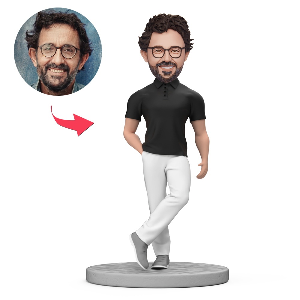 Custom Man in Black Polo Shirt and White Trousers Custom Bobblehead With Engraved Text Gift - MyFaceBobbleheads