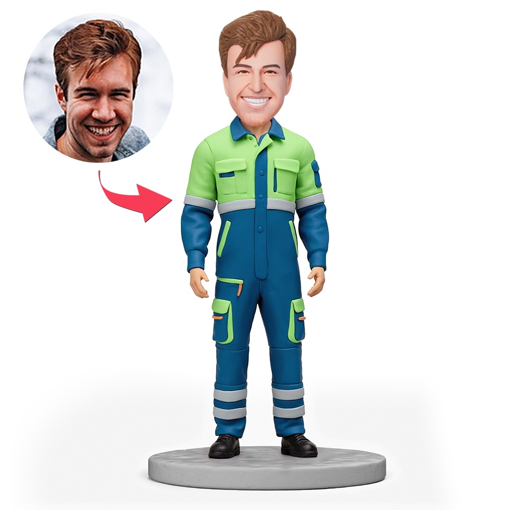 Custom Male Worker in Blue and Green Work Uniform Custom Bobblehead With Engraved Text Gift - MyFaceBobbleheads