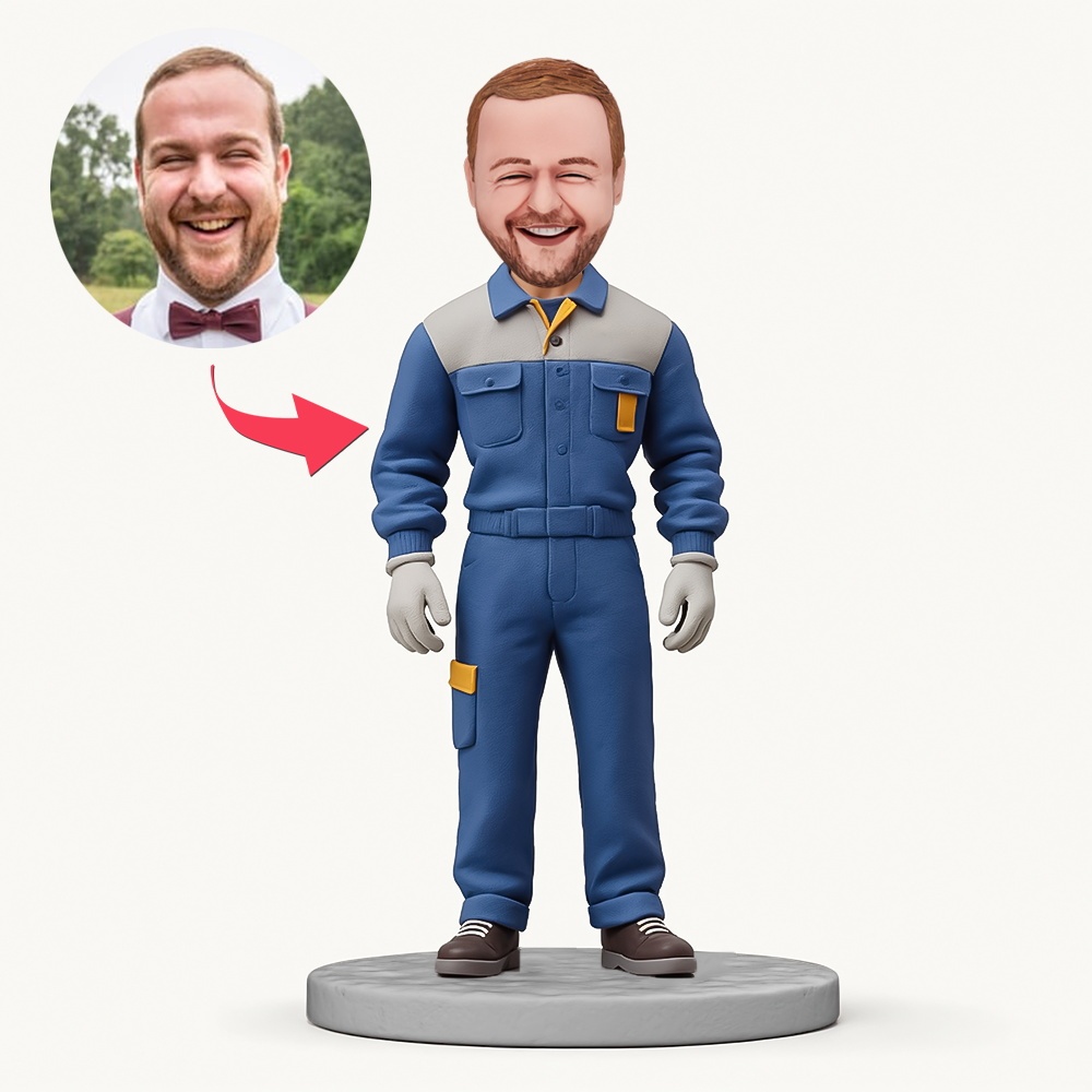 Custom Male Worker in Gray and Blue Work Uniform and Gloves Custom Bobblehead With Engraved Text Gift - MyFaceBobbleheads