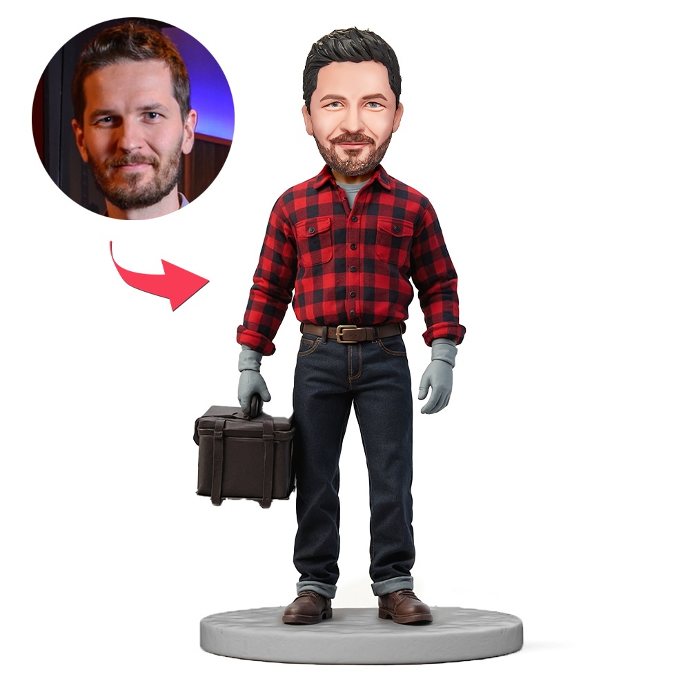 Custom Male Worker in Red Plaid Shirt and Carrying a Toolbox Custom Bobblehead With Engraved Text Gift - MyFaceBobbleheads
